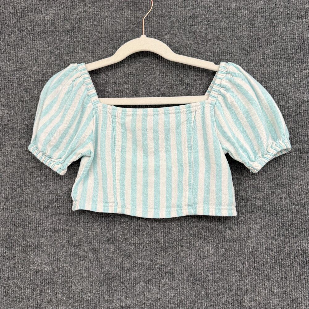 Old Navy Linen Blend Crop Top Blouse Girls 5 Turquoise Striped Smocked Peasant